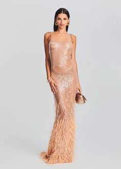 Odessa Sequin Feather Dress – Retrofete Sequin Feather Dress, Bridal Reception Dress, Australia Clothes, Sheer Maxi Dress, Bachelorette Party Bride, Rehearsal Dress, Embellished Gown, Feather Dress, Reception Dress