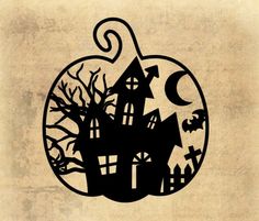 a paper cut out of a house with bats and pumpkins