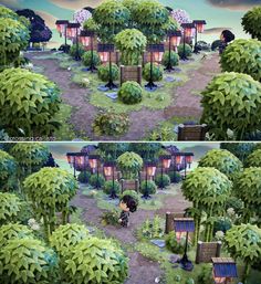 two pictures of the same area with trees, bushes and lights in them that appear to be animated