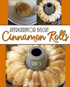 there are pictures of cinnamon rolls being made