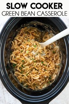 slow cooker green bean casserole in a crock pot with text overlay