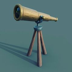 an old brass telescope sitting on top of a wooden tripod with two small legs