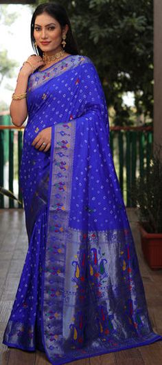 Blue color Saree in Silk fabric with Bandhej, Printed work Blue Saree With Pallu For Wedding, Blue Wedding Saree With Pallu Detail, Blue Wedding Saree With Pallu, Blue Cutdana Saree For Wedding, Blue Saree For Wedding And Diwali, Blue Traditional Wear With Cutdana For Ceremonies, Blue Self Design Saree For Traditional Ceremonies, Blue Traditional Wear With Motifs, Blue Traditional Wear For Ceremonies With Cutdana