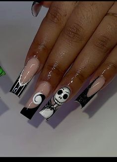 Pink Nightmare Before Christmas Nails, Jake Skellington Nails, Halloween Square Acrylic Nails, Halloween Nails Black French Tip, Long Square Nails Fall, Spooky Black Nails, Fall Nail Designs Black Women, Emo Halloween Nails, Halloween Themed Nails Acrylic