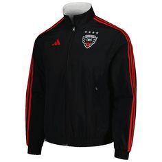 Go above and beyond to put an emphasis on your D.C. United fandom by sporting this 2023 On-Field Anthem Full-Zip Reversible Team Jacket from adidas. The team's iconic logo on the chest is brought to life by the striking designs of the home and away D.C. United jersey designs, making it the perfect option for representing your cherished squad. Thanks to the two front zippered pockets, you'll have more than enough room to safely store your keys, tickets and other D.C. United match day essentials. Winter Training Outerwear With Three Stripes, Casual Adidas Logo Outerwear For Training, Adidas Sportswear For Training, Adidas Casual Track Jacket For Training, Casual Adidas Training Outerwear, Casual Adidas Outerwear For Training, Team-colored Winter Track Jacket For Sports, Adidas Athleisure Training Outerwear, Winter Team-colored Track Jacket For Sports