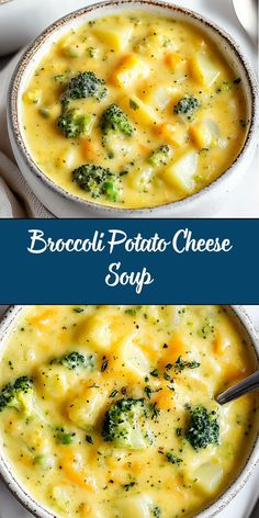 broccoli potato cheese soup in a white bowl