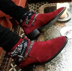 Men Red Suede Leather Chain Buckle Strap Ankle High Dress Boot on Storenvy Chelsea Boots Outfit, Boots Outfit Men, Quality Leather Boots, Bota Country, Custom Design Shoes, Handmade Boot, Handmade Leather Shoes, Mens Boots Fashion, Boot Straps