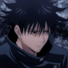 an anime character with black hair wearing a hoodie and looking at the camera while standing in front of trees