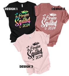 Cruise Squad 2024 Shirt  Family Cruise Matching Shirts  Family Vacation Shirts  Cruise Squad 2024 Shirt  Cruise Squad Shirt  Beach Shirts ^^ Please check all color and size charts before place the order. Since all shirts are custom made based on your selection, I don't accept return or exchange unless there is an issue with your order. ^^ High quality and super soft, comfortable shirt. Made with top-of-the-line vinyl and pressed with a professional grade heat press. ^^ Processing time is 1-3 days. Shipping time is based on the shipping type you'll select at checkout. ^^ If your item returns to me because of the wrong address you entered, I'll reship to you if you pay the shipping price. ^^ If you want to add or change anything on the existing design that is displayed in the images, please Short Sleeve T-shirt With Heat Transfer Vinyl For Summer, Summer T-shirt With Heat Transfer Vinyl, Short Sleeve, Summer T-shirt With Heat Transfer Vinyl, Heat Press Shirts, Family Vacation Shirts, Squad Shirt, Family Cruise, Vacation Shirts, Beach Shirts