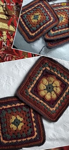 crocheted coasters are shown in three different pictures, one is red and the other is green