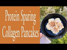 a person holding a black plate with food in it and the words protein spring collagen pancakes