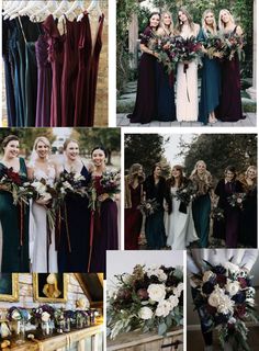 the bridesmaids are dressed in burgundy, green and gold for their fall wedding