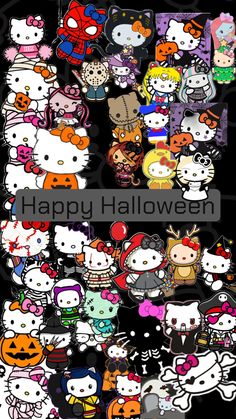 hello kitty halloween wallpaper with lots of different cartoon characters on the back and sides