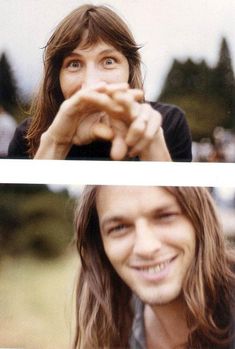 two pictures of a man with long hair and one has his hand on his face