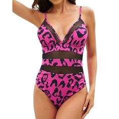 Elevate your swimwear game with this Women's Mesh Swimsuit. This one-piece V-neck swimsuit features tummy control and a flattering high-waisted design, perfect for enhancing your beach or poolside look. The cross back detail and hollow out accents add a stylish touch to this chic swimwear option. Made from a blend of 82% polyester and 18% spandex, this swimsuit offers a comfortable and stretchy fit that moves with you. Available in eight stylish styles and colors: Boho, Camouflage, Leopard, Purp Pink V-neck One Piece Beachwear, Pink Nylon Tankini For Poolside, Pink Nylon One-piece Swimwear, Pink One-piece Nylon Swimwear, Pink Underwire Tankini For Summer, Pink Nylon Bodysuit For Beach Season, Pink Stretch Swim Dress For Sunbathing, Pink Nylon Swimwear For Beachwear, Pink Nylon Tankini For Vacation