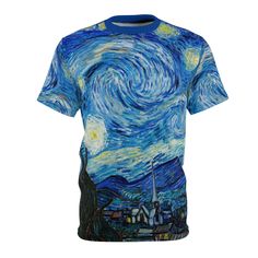 VINCENT VAN GOGH Starry Night Fine Art Painting All over print T-shirt Tee This tee was created to be a versatile and stylish companion for all your casual appearances. With its uniquely textured, thick, microfiber-knit fabric, this t-shirt bears a premium, soft feel that remains lightweight and highly breathable - the perfect combo for a hot day or layering. .: 100% Polyester .: Light fabric (4.0 oz/yd² (113 g/m / (6.0 oz/yd² (170 g/m .: Regular fit .: Tagless .: Runs true to size .: Assembled Blue Graphic Tee With Star Print, Blue Star Print Graphic Tee, Vincent Van Gogh Starry Night, Gogh The Starry Night, The Starry Night, Starry Night Van Gogh, Aesthetic T Shirts, Vintage Aesthetic, Vincent Van Gogh