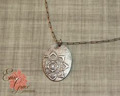 Moroccan Flower Necklace, Fine Silver and Sterling Silver, Precious Metal Clay, Medallion Floral Pen Silver Oval Pendant Jewelry Hand Stamped, Silver Hand Stamped Oval Pendant Jewelry, Silver Stamped Necklace With Rectangular Pendant, Silver Stamped Rectangular Pendant Necklace, Silver Oblong Necklace For Gift, Silver Stamped Oval Pendant Jewelry, Silver Oblong Necklaces For Gifts, Silver Flower Pendant Jewelry Hand Stamped, Silver Hand Stamped Flower Pendant Jewelry