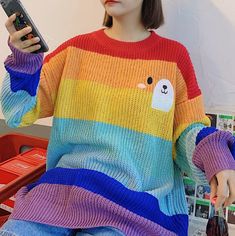 Bear Embroidered Rainbow Jumper Sweater 90s Outfit Inspiration, Rainbow Jumper, Convention Outfits, Embroidered Rainbow, 90s Outfit, Rainbow Stripes, Jumper Sweater, Retro Outfits, All Over The World