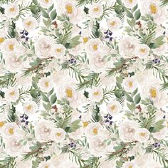 a floral wallpaper with white flowers and green leaves