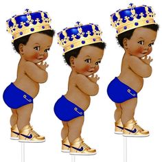 three images of a baby wearing a blue diaper and a gold crown on his head