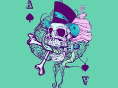 a skull wearing a top hat and playing cards