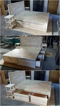 the bed is made out of pallet wood and has drawers on each side for storage