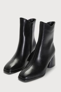 The Lulus Windal Black Square Toe Mid-Calf Boots is ready to make every 'fit a chic moment this season! Smooth faux leather shapes a squared-off toe that meets a 7"" mid-calf shaft with a 10"" circumference and a curved topline. A 6"" zipper at the instep and a chunky block heel complete the look! 2. 75" wrapped block heel. Cushioned insole. Rubber sole has nonskid markings. ALL MAN MADE MATERIALS. Imported. Lulus | Windal Black Square Toe Mid-Calf High Heel Boots | Size 6. Black Boots Mid Calf, Square Toe Platform Boots For Formal Fall Events, Formal Fall Platform Boots With Square Toe, Formal Square Toe Platform Boots For Fall, Winter Square Toe Platform Boots With Padded Heel, Trendy Square Toe Boots With Padded Ankle, Sleek Square Toe Platform Boots For Winter, Sleek Square-toe Platform Boots For Fall, Sleek Square Toe Platform Boots For Fall