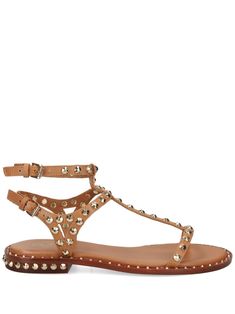 camel brown calf leather stud embellishment round open toe buckle-fastening ankle strap branded footbed leather sole Studded Leather Sandals With Open Heel, Leather Sandals With Studs And Open Heel, Studded Leather Open Heel Sandals, Studded Leather Sandals For Spring, Sandals Brown, Brown Leather Sandals, Chanel 2, Demi Fine Jewelry, Boots And Sneakers