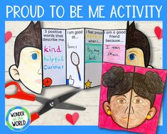 two children's books with scissors and paper cutouts on them, which have the words proud to be me activity