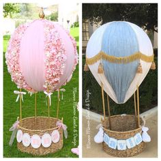 two hot air balloons with pink and blue decorations