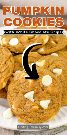 pumpkin cookies with white chocolate chips on a plate