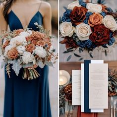 the wedding flowers are arranged on the table and in the center, along with the menus