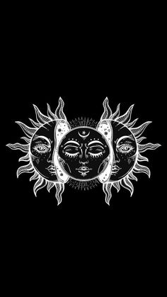 three sun and moon faces in the middle of a black background with white outlines