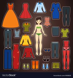 a paper doll with clothes and shoes for the girl on dark background eps1089