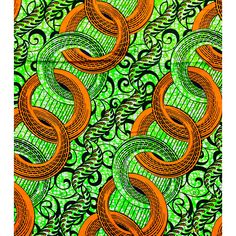 an orange and green pattern with black swirls on the bottom, in front of a green background