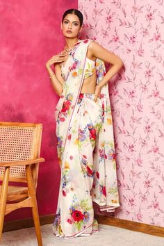 Shop for Dohr India White Floristry Print Pre-draped Saree for Women Online at Aza Fashions Saree White, Saree Organza, Organza Blouse, Print Saree, White Saree, Drape Saree, Luxury Sale, Organza Saree, Printed Sarees