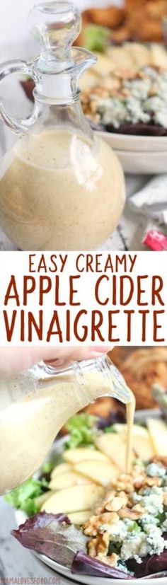 an apple cider vinaigrette is being poured into a glass bowl with apples