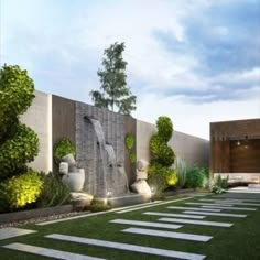 an artistically designed garden with stone steps and water feature in the center, surrounded by greenery