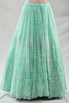 Green attached cancan lehenga with bead, sequin, cutdana, zari thread embroidery in stripe pattern. Paired with sleeveless embroidered padded blouse. Comes with dupatta. - Aza Fashions Traditional Pista Green Dress With Sequins, Cutdana Long Skirt Dresses For Wedding, Wedding Dress With Cutdana Detailing And Long Skirt, Pista Green Sequined Anarkali Set For Wedding, Pista Green Lehenga With Sequins For Wedding, Elegant Pista Green Lehenga With Sequins, Elegant Pista Green Sequined Lehenga, Embellished Long Wedding Dress, Traditional Green Skirt For Wedding