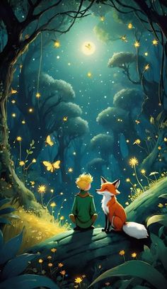 a little boy sitting on top of a forest next to a fox