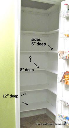 an empty pantry with the door open and shelves labeled