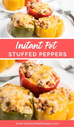 stuffed peppers with cheese and meat in them on a white plate