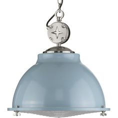 a blue light hanging from a chain on top of a white ceiling fixture with a star