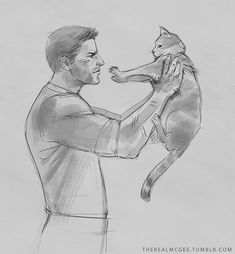 a black and white drawing of a man holding a cat