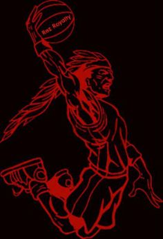 a red drawing of a basketball player with the ball in his hand, on a black background