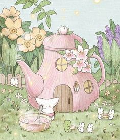 a drawing of a pink teapot with flowers on it