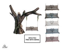 the tree with swings is made from wood and has two hearts on each branch