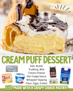 an advertisement for cream puff dessert with chocolate sauce on top and vanilla pudding in the bottom