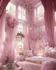 a bedroom with pink curtains and flowers on the walls