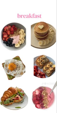 the breakfast menu includes pancakes, fruit, and muffins with an egg on top